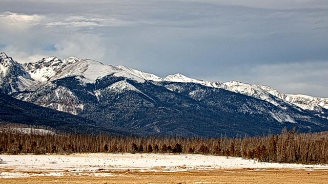 View of the Kawuneeche Valley and Never Summer Mountains with snow in early January