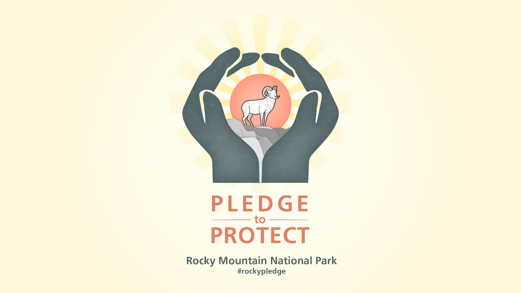 An illustrated logo. Hands encircle a bighorn standing on rocks in front of a radiant sun