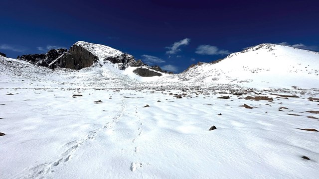 Snow covering the Boulderfield and North Face of Longs Peak