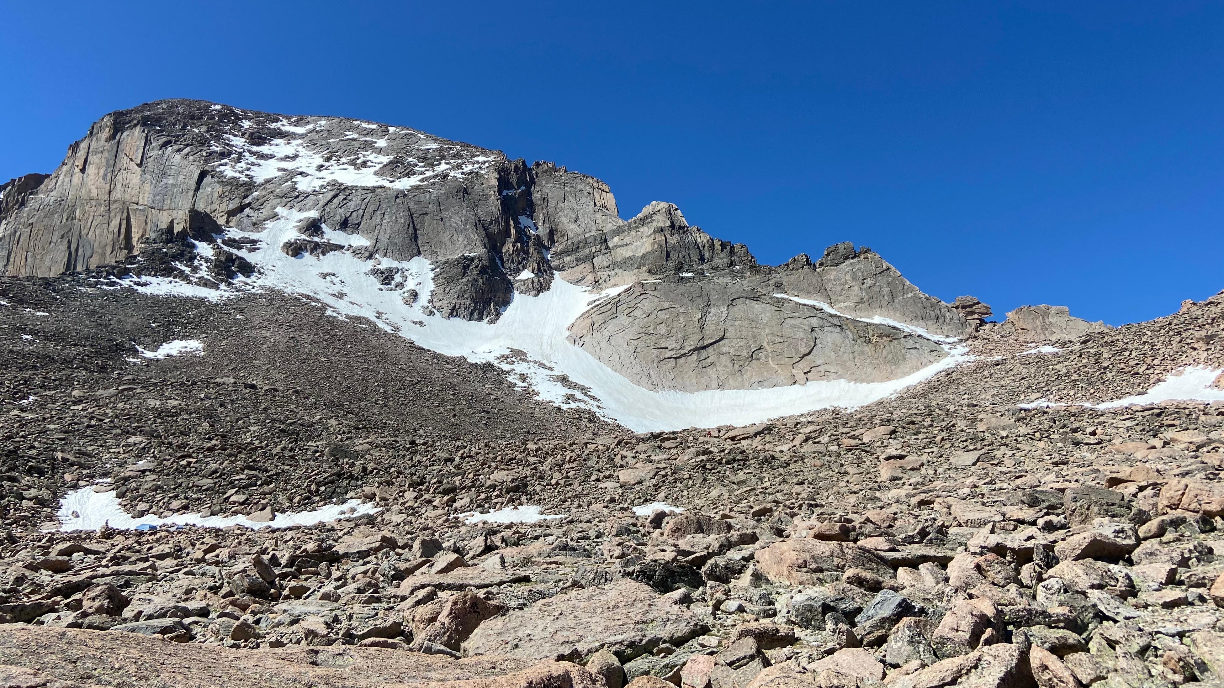 Snow on the north face of Longs Peak in June