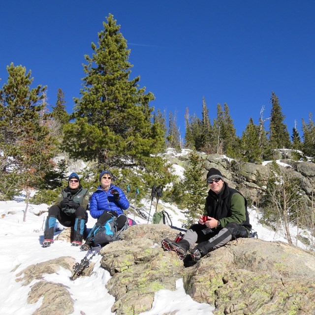 Hikers on a trail in winter