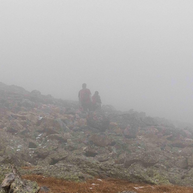 Hikers in the fog on Flattop Mountain