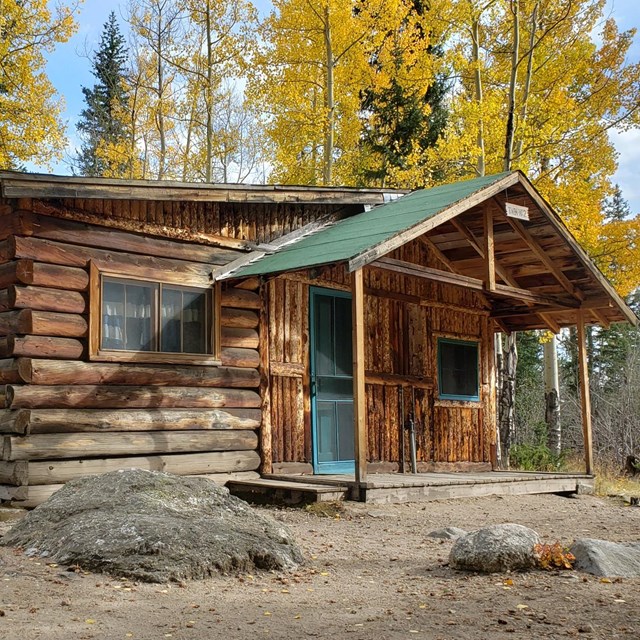 View of the exterior of a historic wood cabin