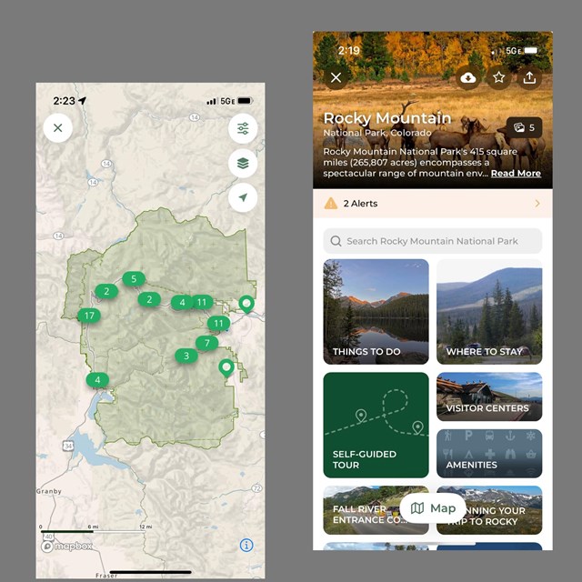 View of the front screen of three smart phones, side by side. Explore the NPS App