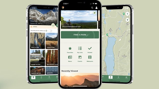 Three iPhone images showing the NPS app. 