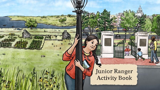 Sketch of a girl standing in front of the national memorial