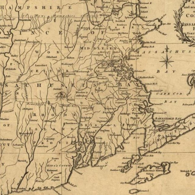 A map of the Massachusetts Bay colonies also showing Rhode Island and Connecticut after 1636