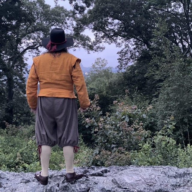 a man with dark hat, coat, and breeches stands on a rock surrounded by trees
