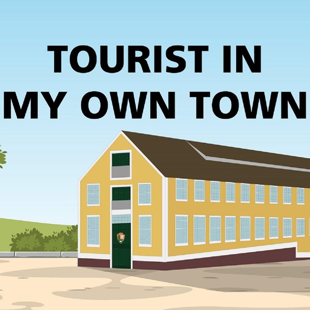 Artist view of a yellow mill building with NPS logo on the door