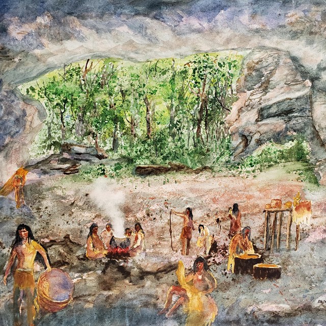 Illustration of people living in a cave