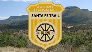 A junior ranger badge over an image of a landscape of shrubs and a distant mesa.
