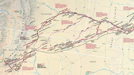 A map depicting a trail from eastern Kansas, west to Santa Fe, New Mexico