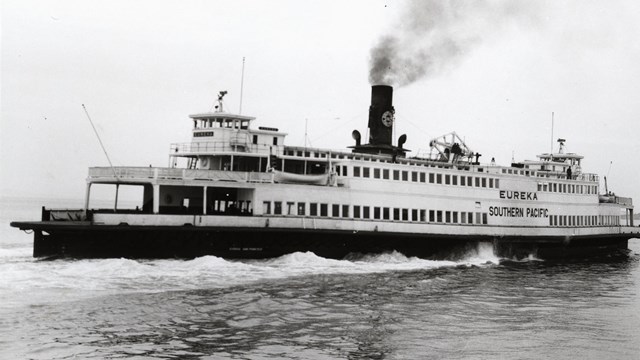 historic black and white photo of a large steamboat ferry