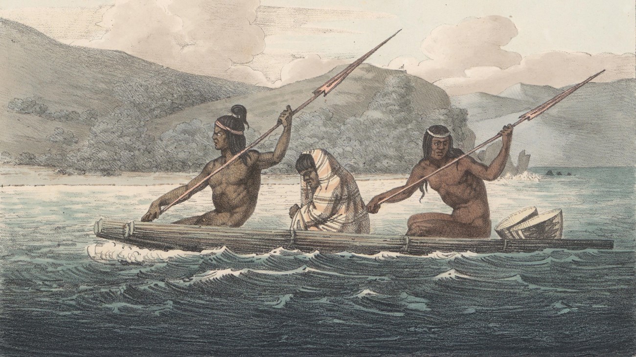 Historical Illustration of Ohlone people in a tule reed boat.