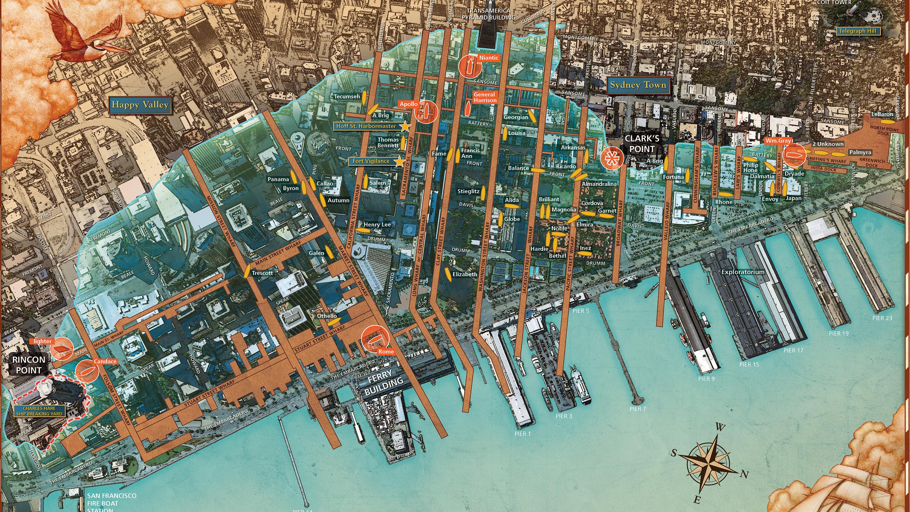 Map of the original Yerba Buena Cove coastline and buried ships overlayed with modern downtown. 