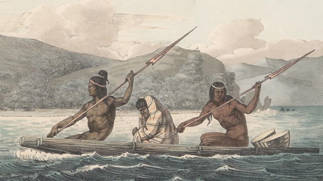 A historical illustration of three Ohlone people paddling a tule reed boat