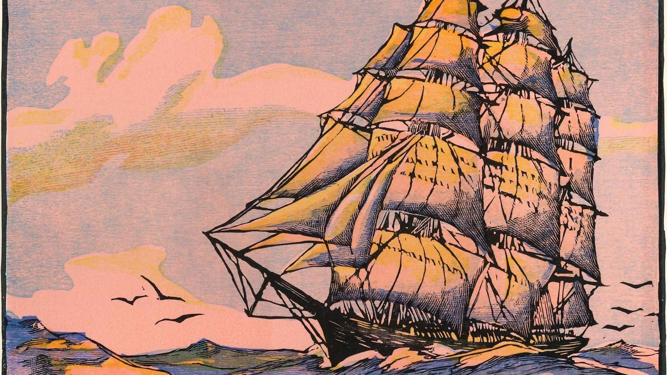 a colorful illustration of the ship Flying Cloud sailing on the water