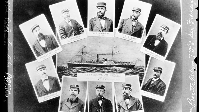 photo collage of ten portrait photos of crewmen surrounding a drawing of a steam engine vessel