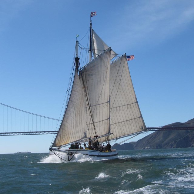 a large sailboat sailing on choppy water with the golden gate bridge in the background.