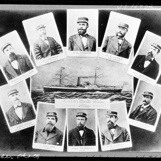 photo collage of ten portrait photos of crewmen surrounding a drawing of a steam engine vessel