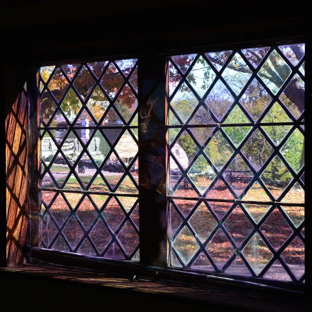 view of outside from inside house through a stained glass window with diamond pattern
