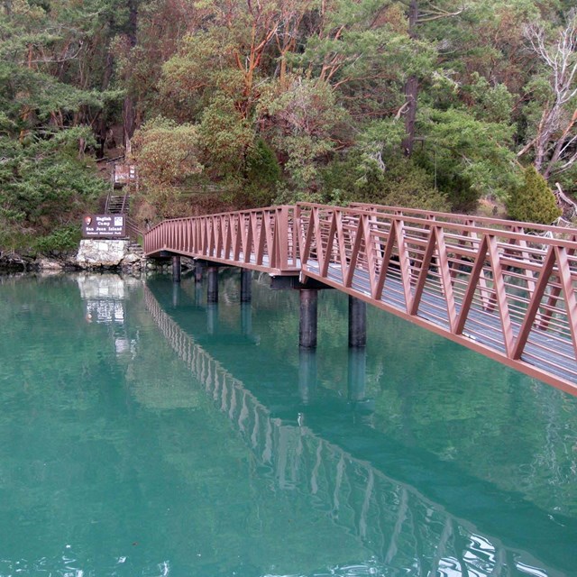 An elevated path above the water leads to stairs