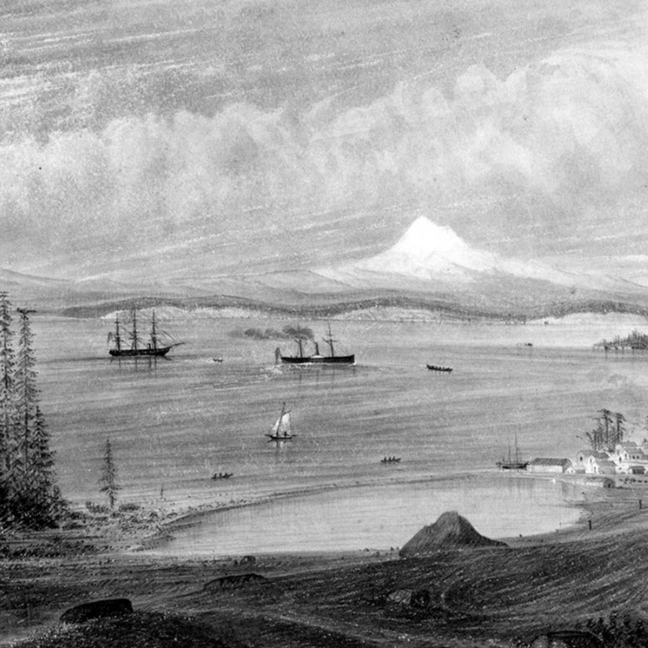 photo of a small village by a lagoon by the ocean near major sailing ships in front of a large volca