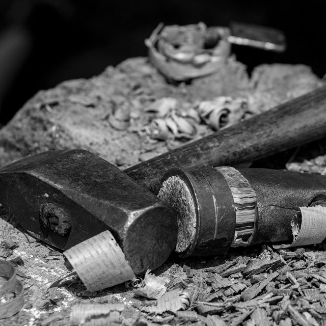 Black and white photo of tools from the parks collections.