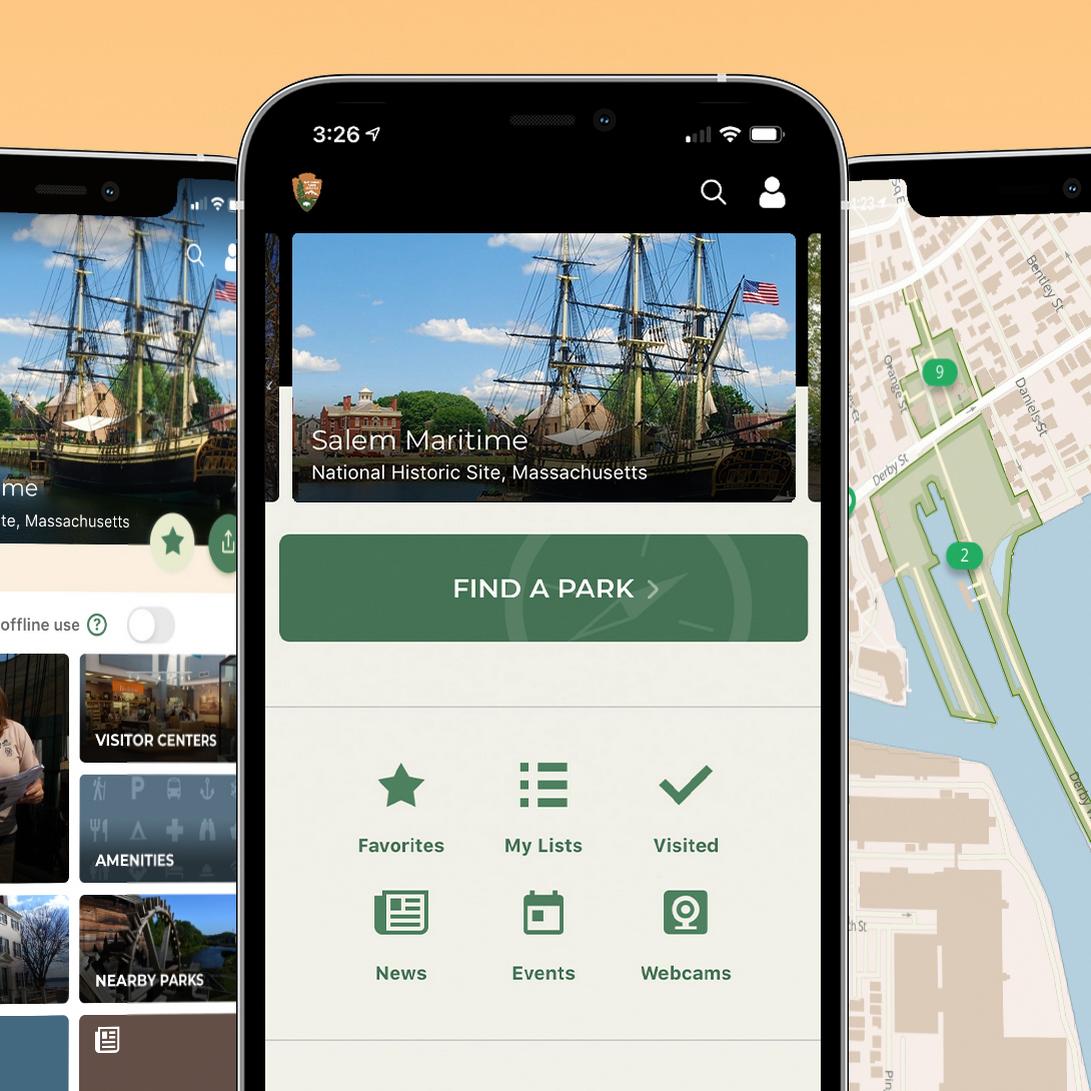 Three phones showing photos and a map of a park.