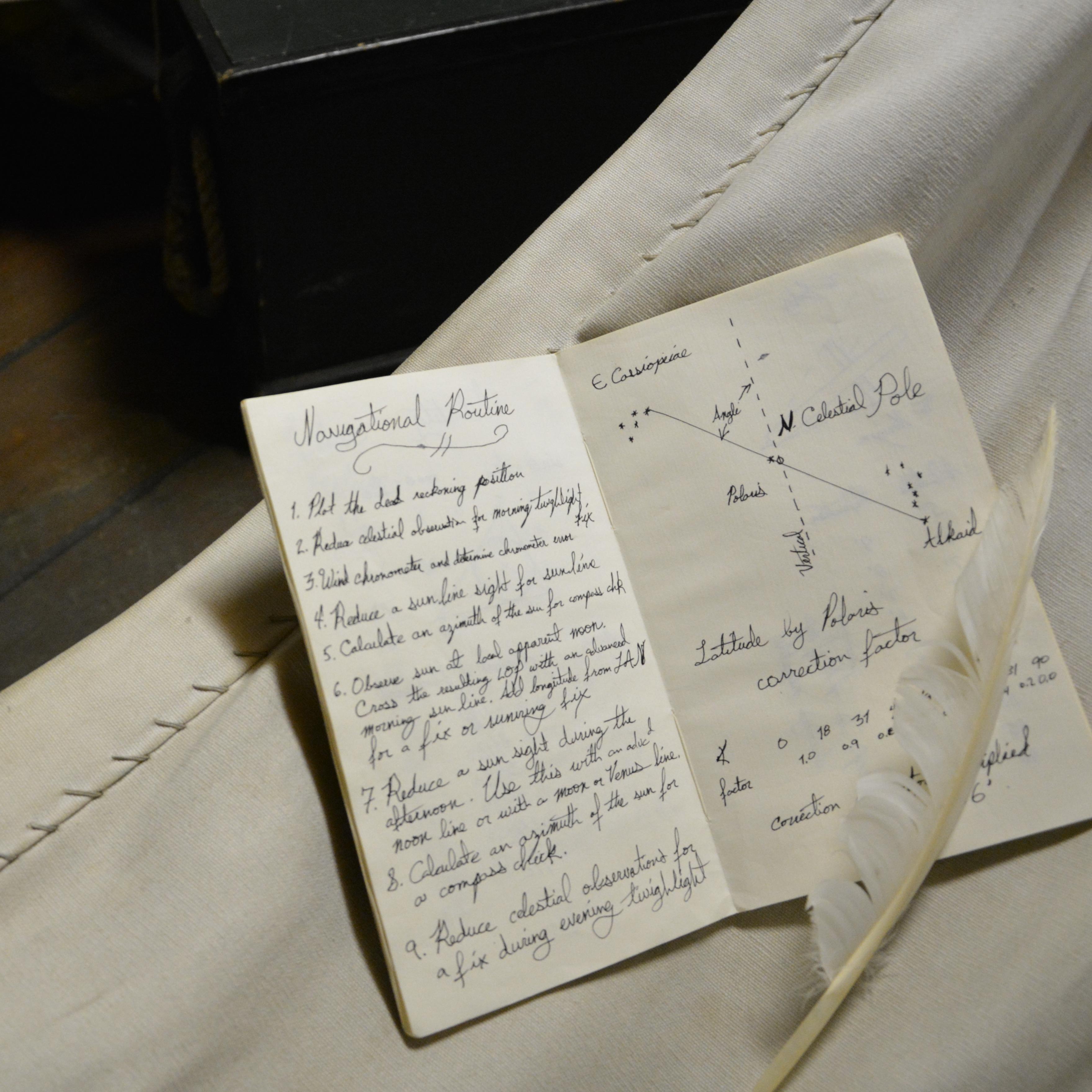 A feather pen rests on an open journal in a sleep hammock.