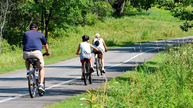Family of cyclists on paved tour road