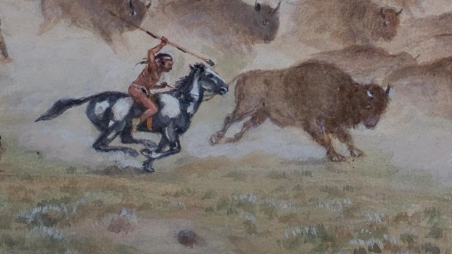 A watercolor painting depicts a man on horseback hunting bison. 