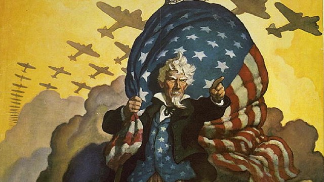 Uncle Sam holding American flag with planes above him and troops below.