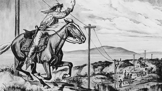 Illustration of a Pony Express rider waving to workers building telegraph lines. 