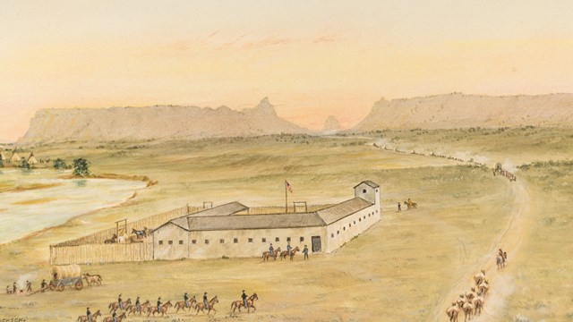 A watercolor painting depicts a fort with soldiers approaching and a gap between two bluffs.