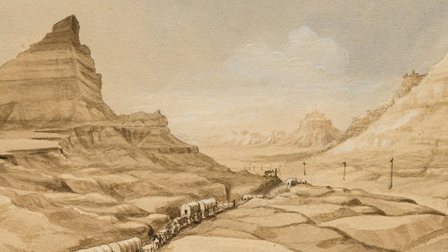 A watercolor painting depicts covered wagons moving through a tight pass between two bluffs.