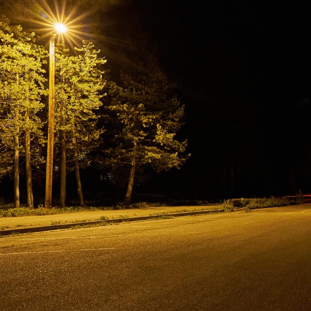 Three different street lights with three different hues.