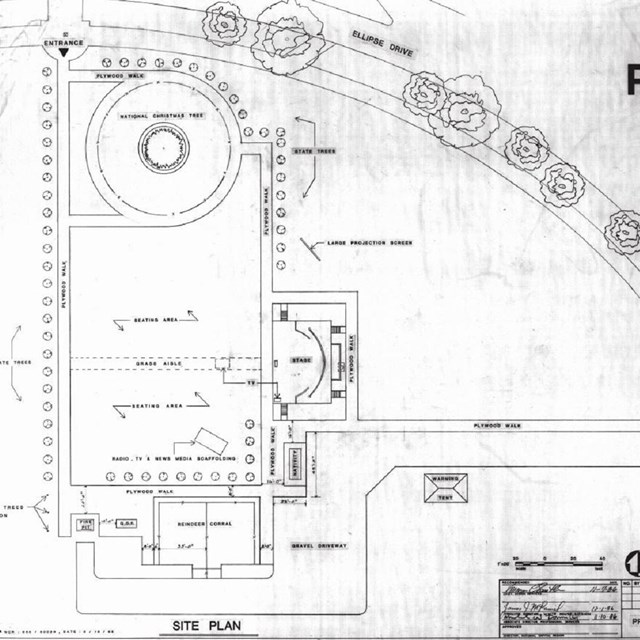 A black and white drawing of President's Park set up for festival, titled 