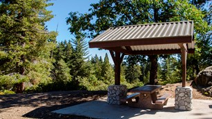 A picnic table with a shade structure. Photo by Alison Taggart-Barone.