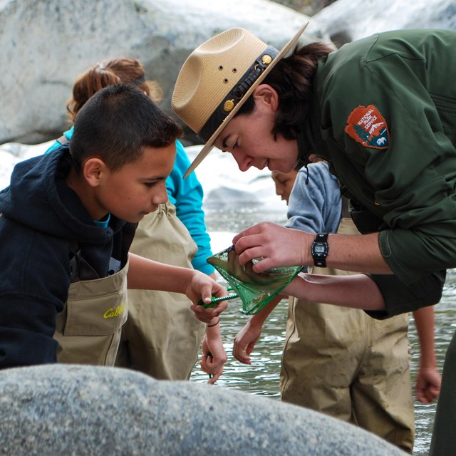 Next to a river, a park ranger inspects the contents of a young student's fishing net.