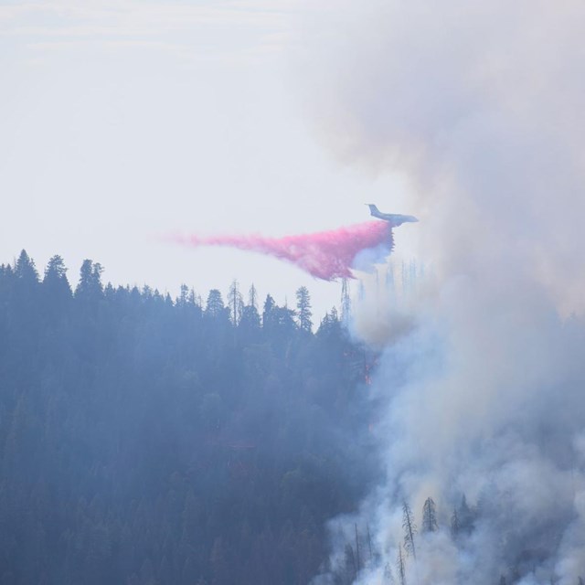 A plane drops red fire retardant onto the smoking forest below.