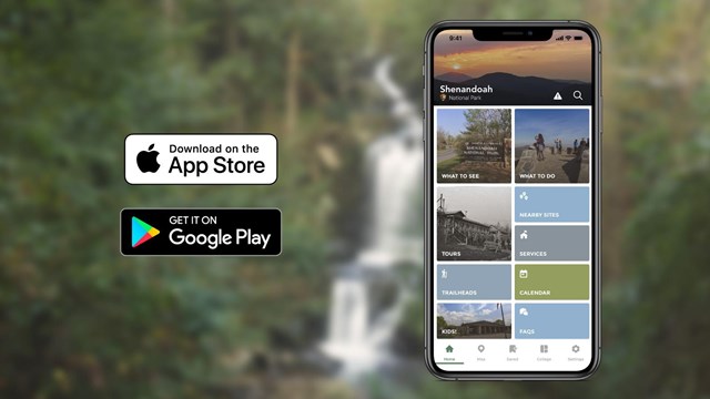 A blurred image of a waterfall overlayed with a graphic of a phone displaying the Shenandoah app.