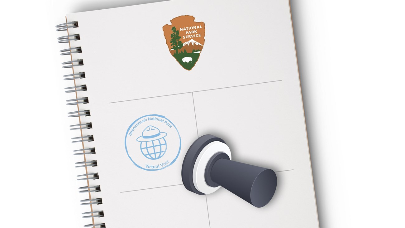 A blue stamp on a piece of paper with the words: Shenandoah National Park 2020 Virtual Visit