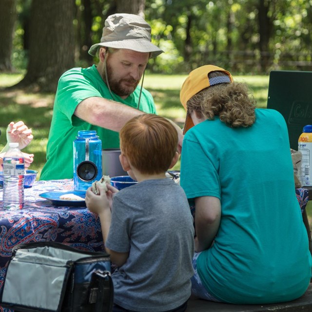 A family of four enjoys lunch at a picnic table. 