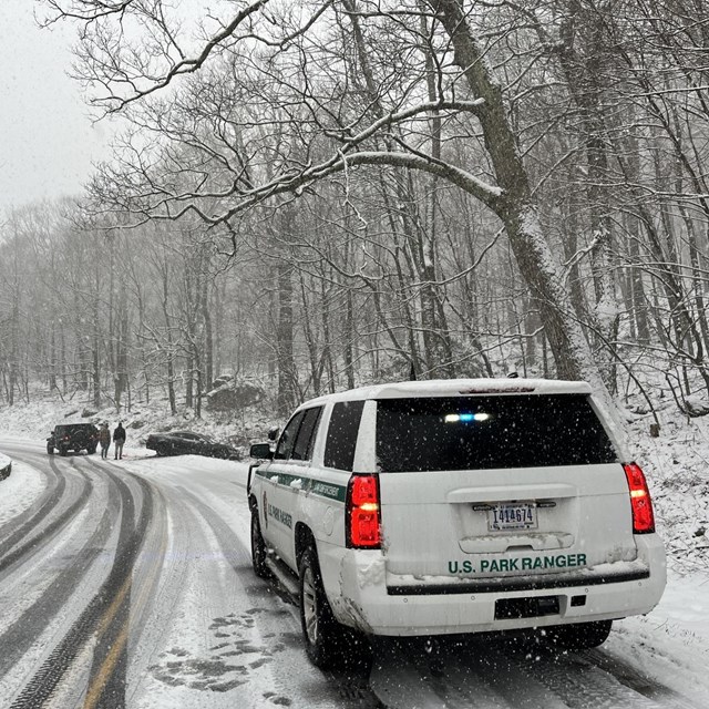 Park Ranger responding to an incident on an icy Skyline Drive