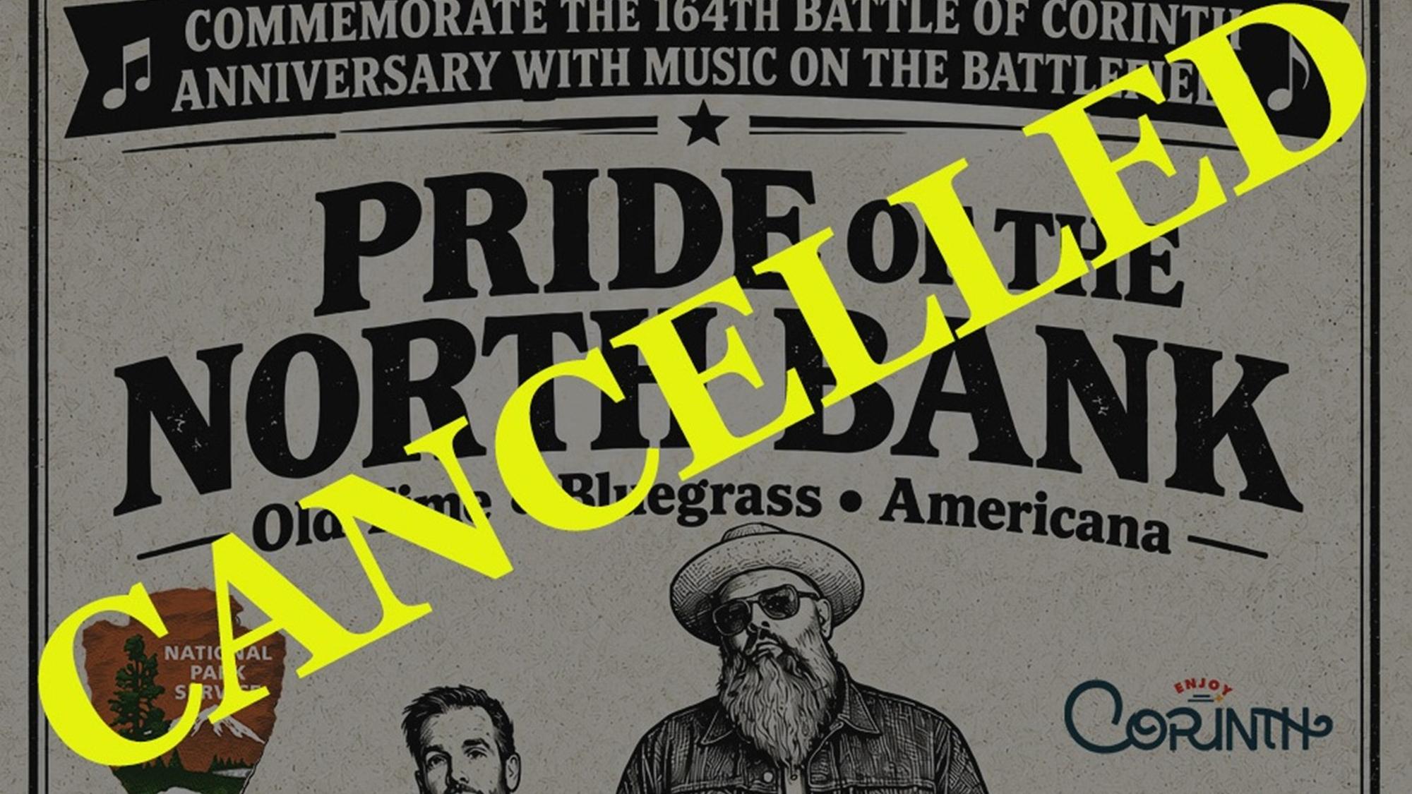 The word "Cancelled" in yellow, written over a concert poster