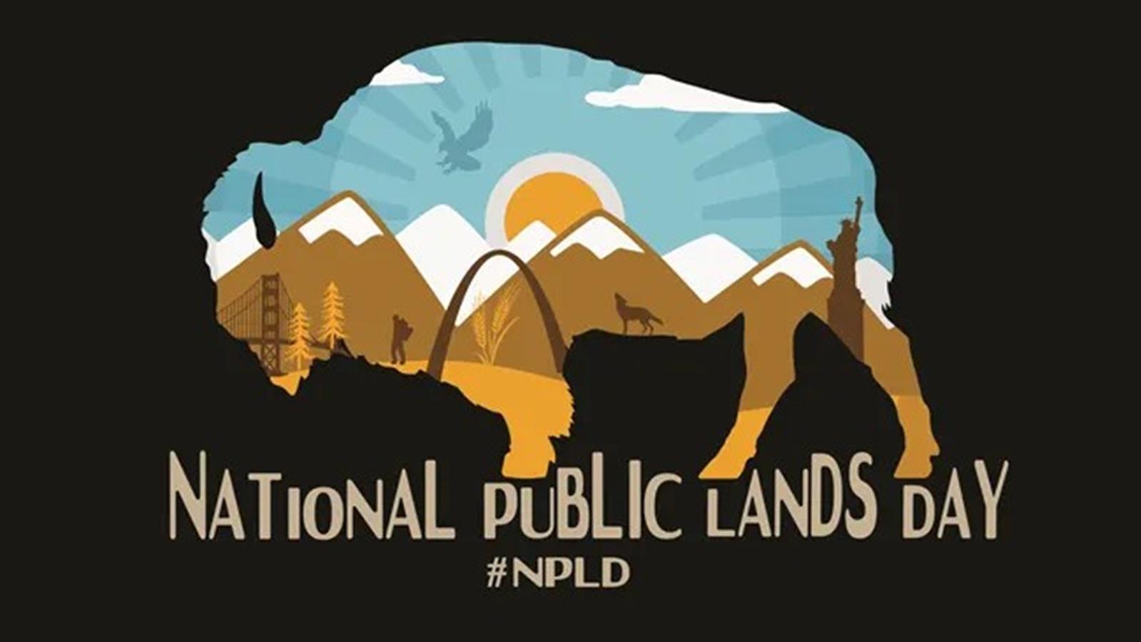Graphic promoting National Public Lands Day. A stylized landscape features mountains & trees.