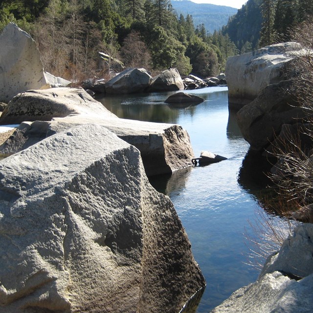 Boulders and shoreline, Merced River, Yosemite