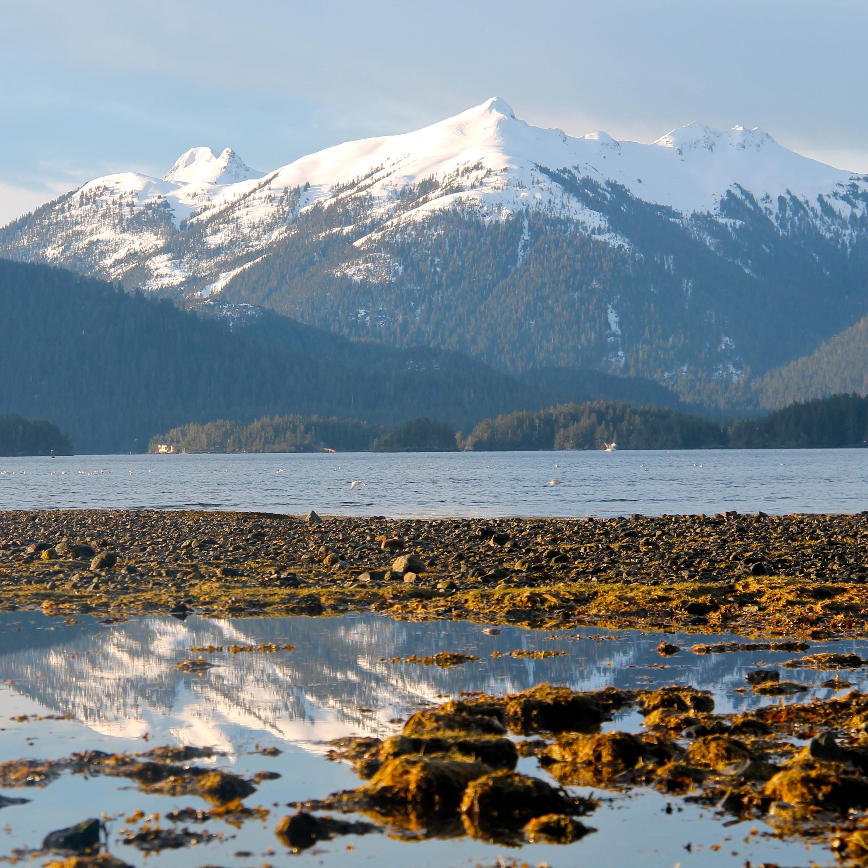 rocky shoreline with snow caped mountains in background 