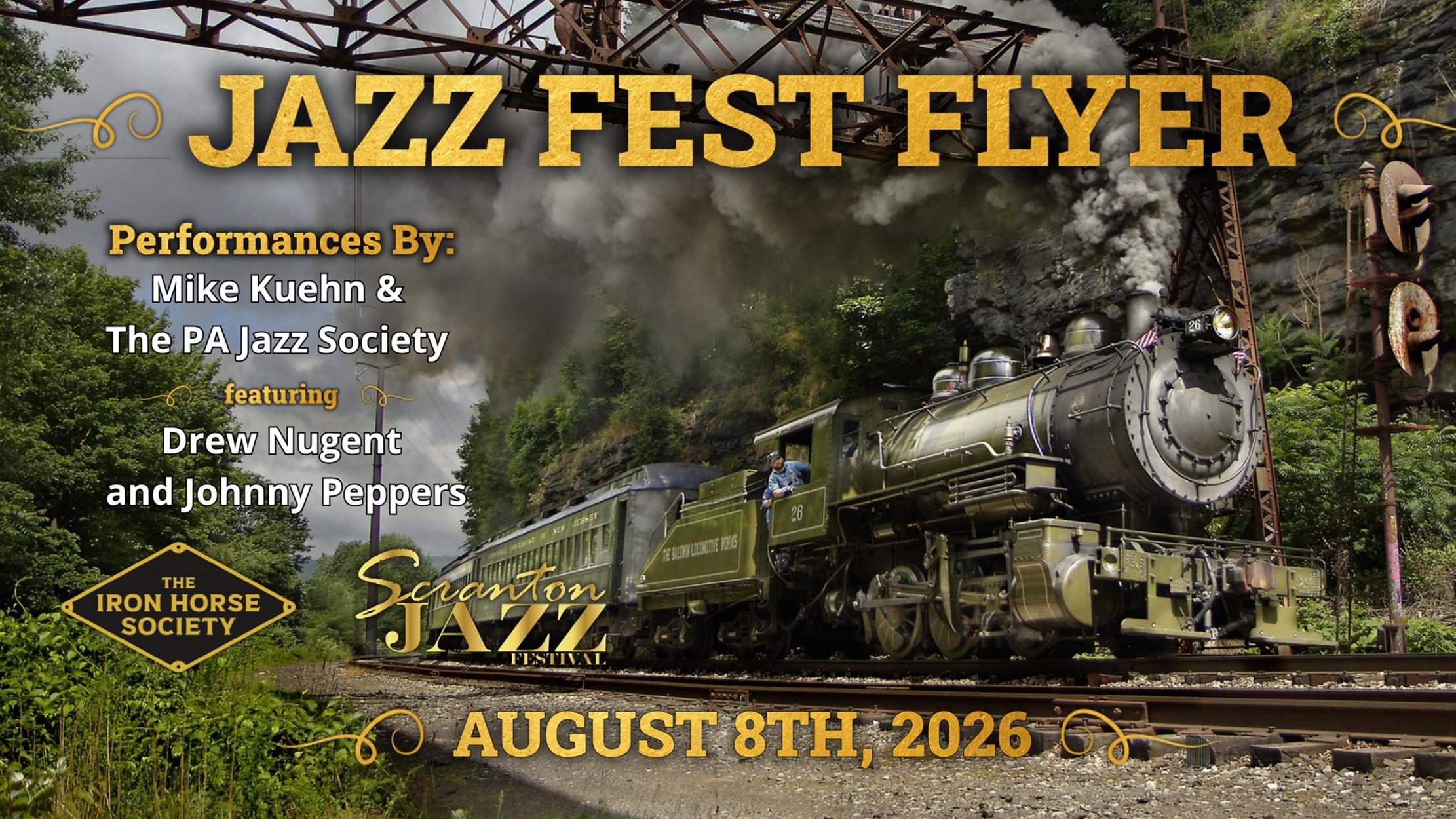 Steam locomotive running through a woodsy scene with text info about the Jazz Fest Flyer